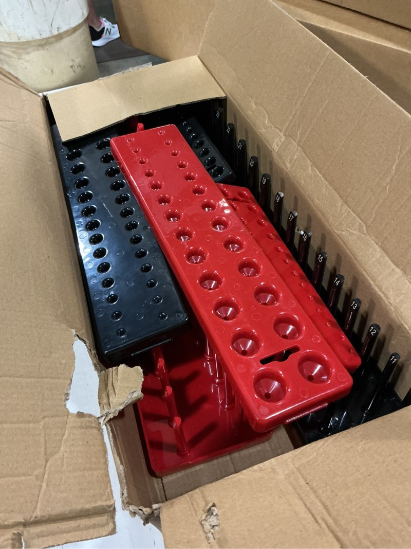 Condition photo showing Good Condition for aiuitio 6pcs socket organizer tray set, red sae & black metric socket storage trays, 1/4-inch, 3/8-inch & 1/2-inch drive deep and shallow socket holders for toolboxes 6pcs socket organizer (store 170 sockets)