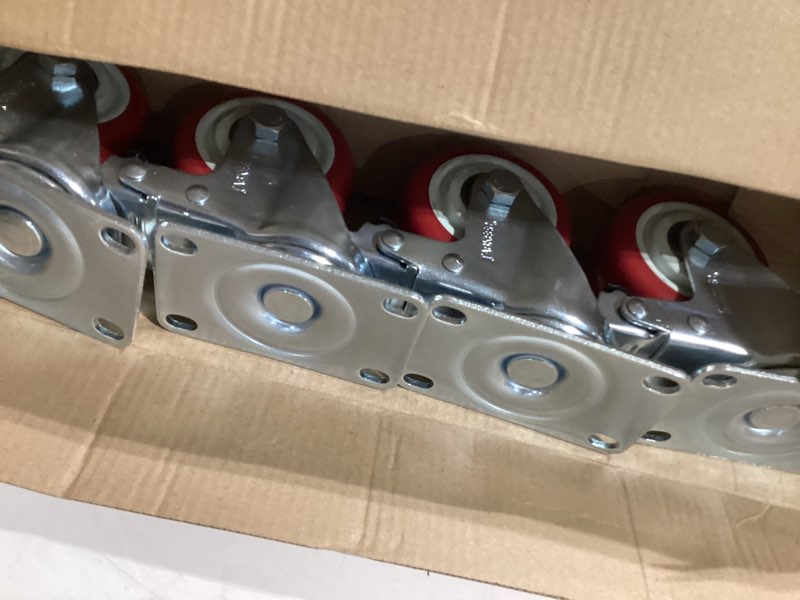 Condition photo showing Good Condition for 3 inch industrial heavy duty swivel caster wheels with brake,set of 4 safety locking casters,load 1600lbs,premium polyurethane wheels for table,trailer,saw table,stage toolbox,bed,corn board red 3inch