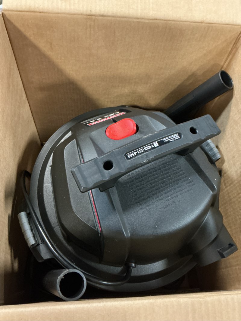 Condition photo showing As Is for craftsman 5-gallon 4-hp corded wet/dry shop vacuum with accessories included