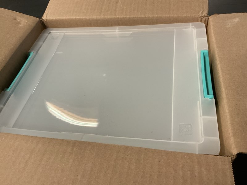Condition photo showing Good Condition for IRIS USA 6 Qt. Storage Bins with Lids, 4-Pack, |Made in USA|, Small Plastic Craft Container Sensory Totes for Art Supplies, Paper, and Office, Stackable - Clear 6 Qt. - 4 Pack