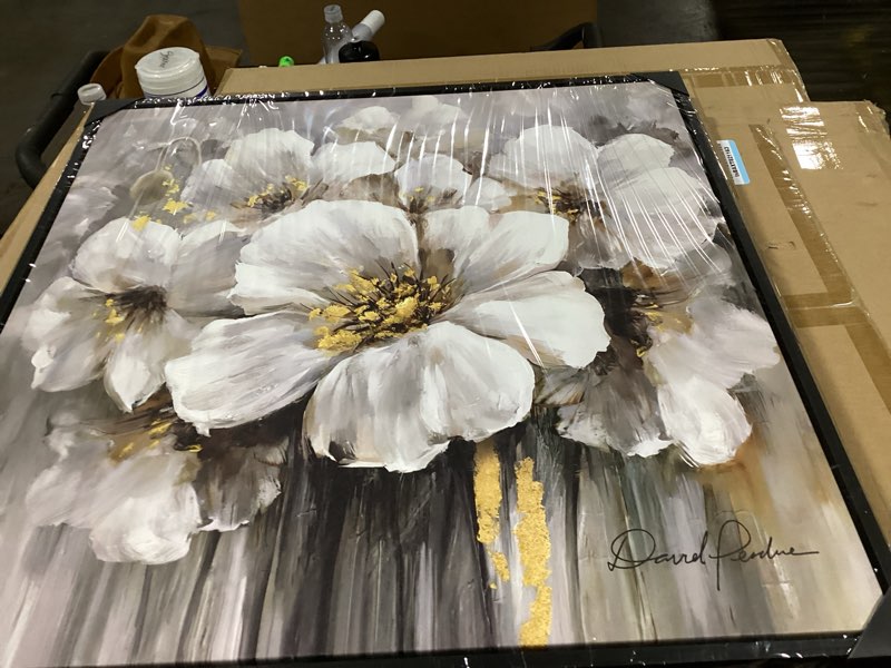 Condition photo showing New/Like New for Framed Flowers Canvas Wall Art, White Floral and Black Frame for Gray Living Room Bathroom Bedroom Decor 24W x 24H Framed Flowers (Black Frame) 24"L x 24"W