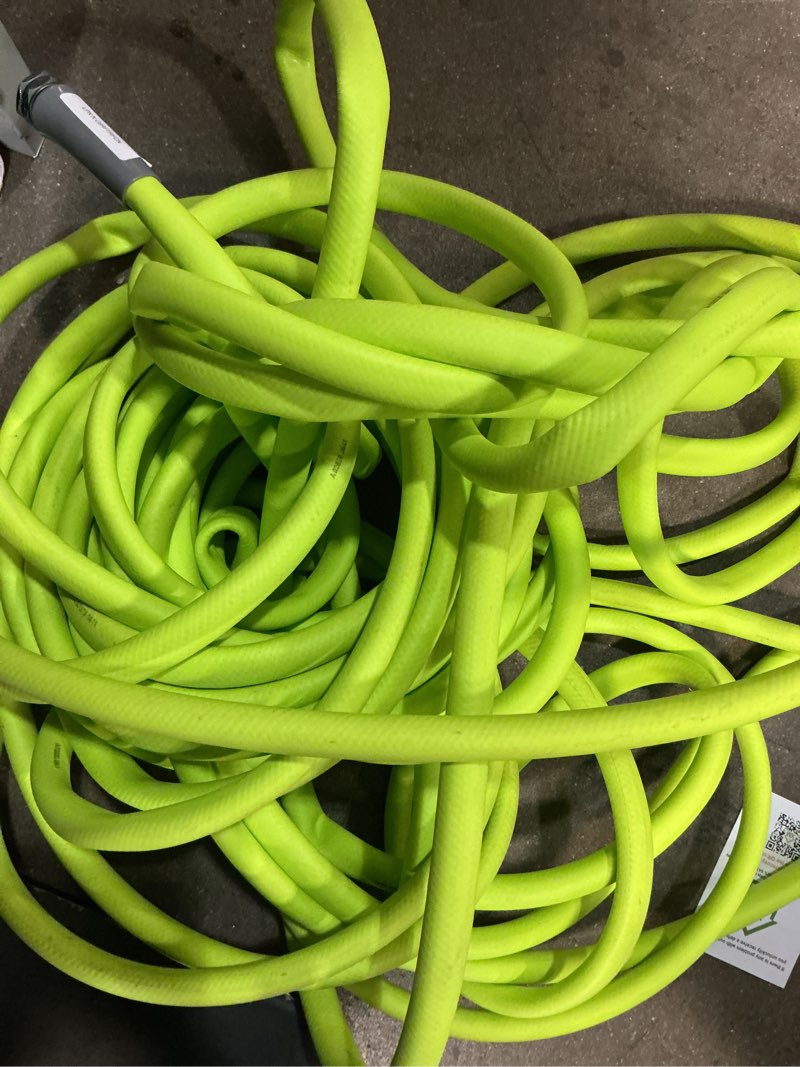 Condition photo showing As Is for flexzilla garden hose 5/8 in. x 100 ft., lightweight all-weather water hose, durable and flexible, leak-free connections standard grip 100ft chartreuse