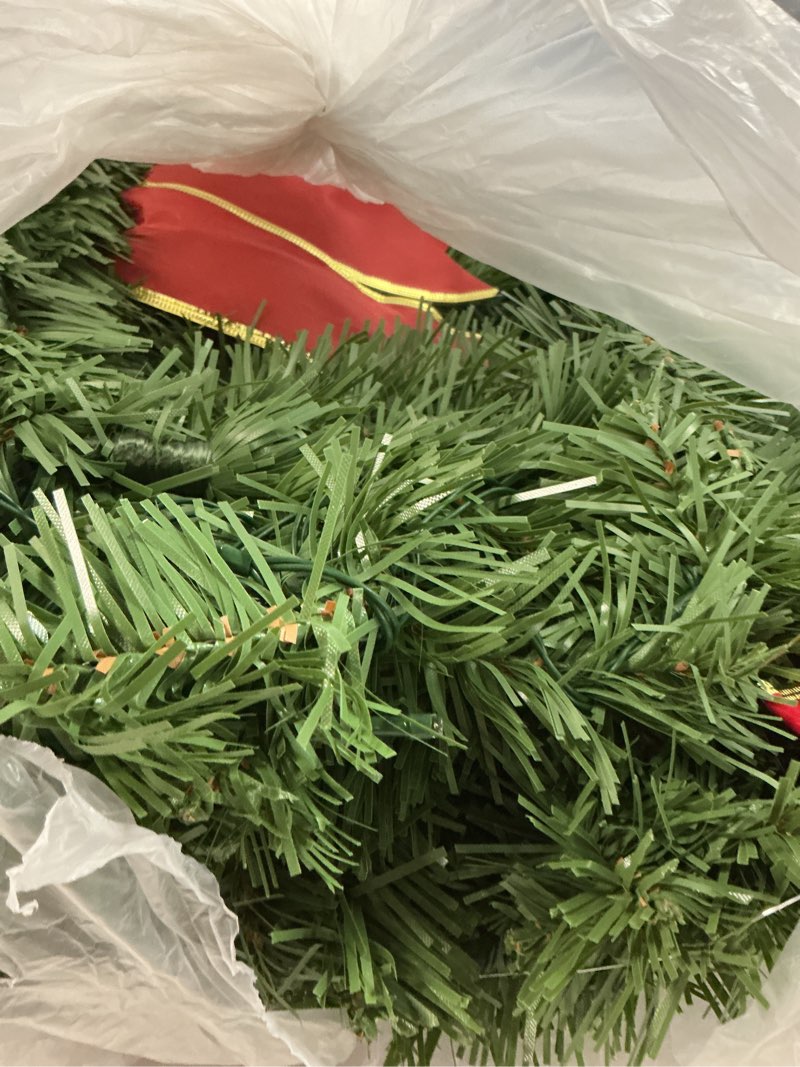 Condition photo showing As Is for Joiedomi 19" Christmas Pre-Lit Wreath with LED Lights with Ribbon, 3 Pcs Wreaths for Front Door, Windows, Living Room, and Indoor Outdoor Christmas Decorations Window Door Wreath, Battery Operated