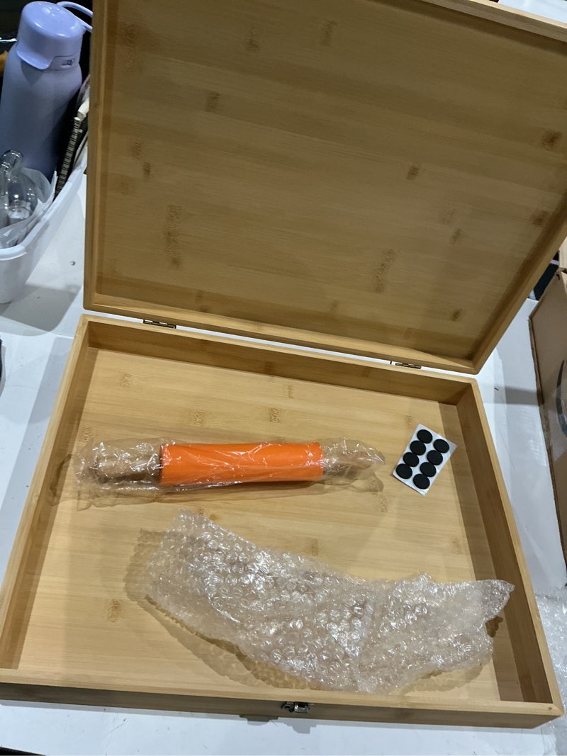 Condition photo showing As Is for maxdot bamboo roti box with lid and rolling pin, non slip kneading board for rolling roti, tortilla, and dough, 19.7 x 15.8 x 3 inches, rotibox for chapati, paratha, puri, kitchen