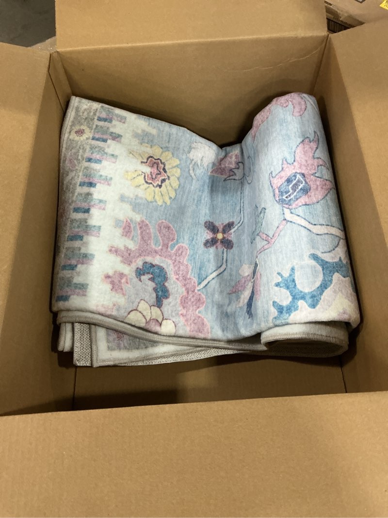 Condition photo showing Good Condition for 5x7 Washable Area Rugs - Modern Oushak Rug Vintage Floral Carpet for Living Room Non-Slip Low Pile Soft Machine Washable Carpet for Bedroom, Dining Room, Nursery, Home Office (5'x7', Blue and Pink) 5' x 7' (Rectangular) Blue