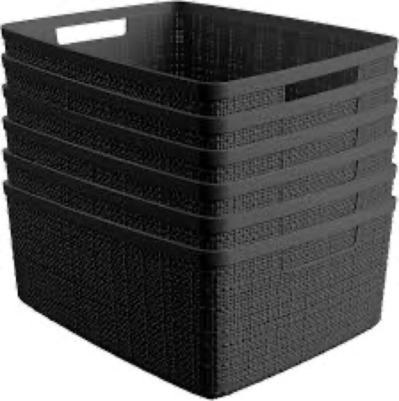 curver set of 6 medium 12l jute decorative plastic organization and storage baskets - perfect bins for home office, closet shelves, kitchen pantry and all bedroom essentials, black black medium 12l