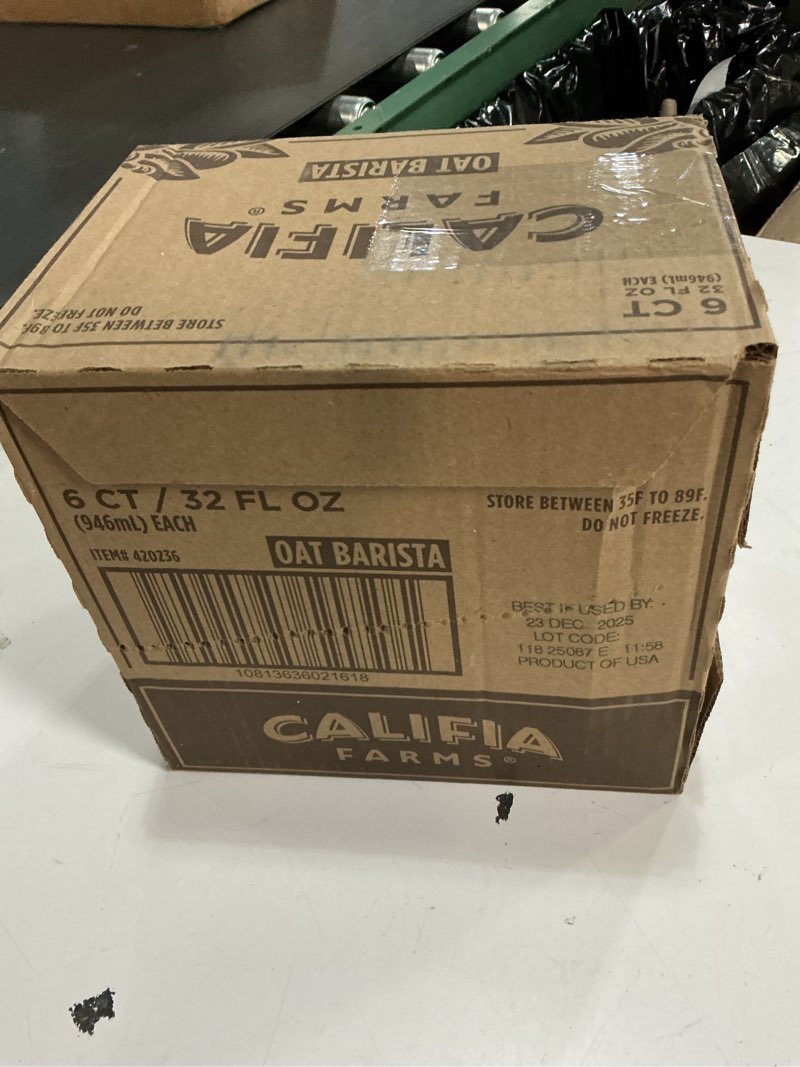 Condition photo showing Good Condition for ( BB/23/DEC/2025) Califia Farms - Oat Barista Blend Oat Milk, 32 Oz (Pack of 6), Shelf Stable, Dairy Free, Plant Based, Vegan, Gluten Free, Non GMO, High Calcium, Milk Frother, Creamer, Oatmilk Oat Barista Original 32 Ounce (Pack of 6)
