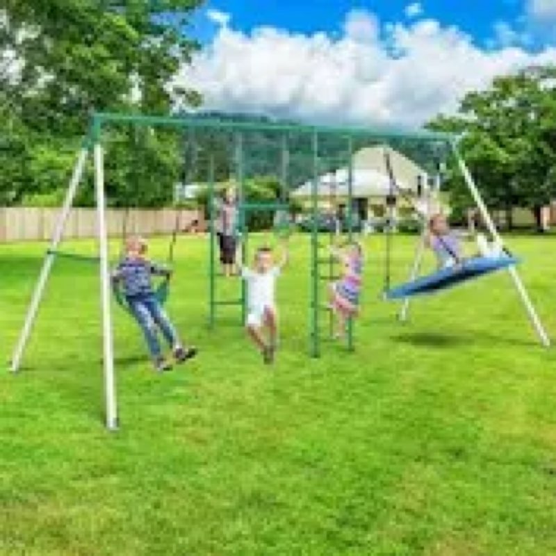 Swing Sets For Backyard With Monkey Bars, Belt Swing, Platform Swing, Climbing Net, Trapeze Bar, Outdoor Playset For Kids
