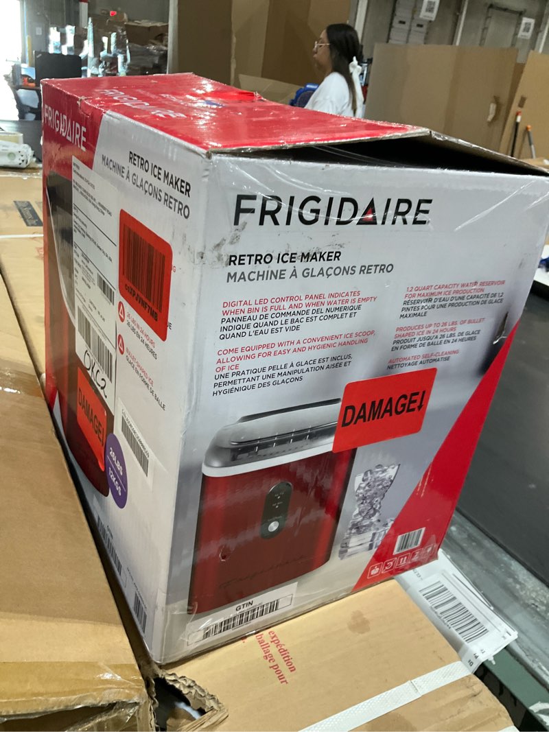 Condition photo showing As Is for frigidaire ice maker machine - self cleaning - makes 26lbs. ice cubes per day - red stainless