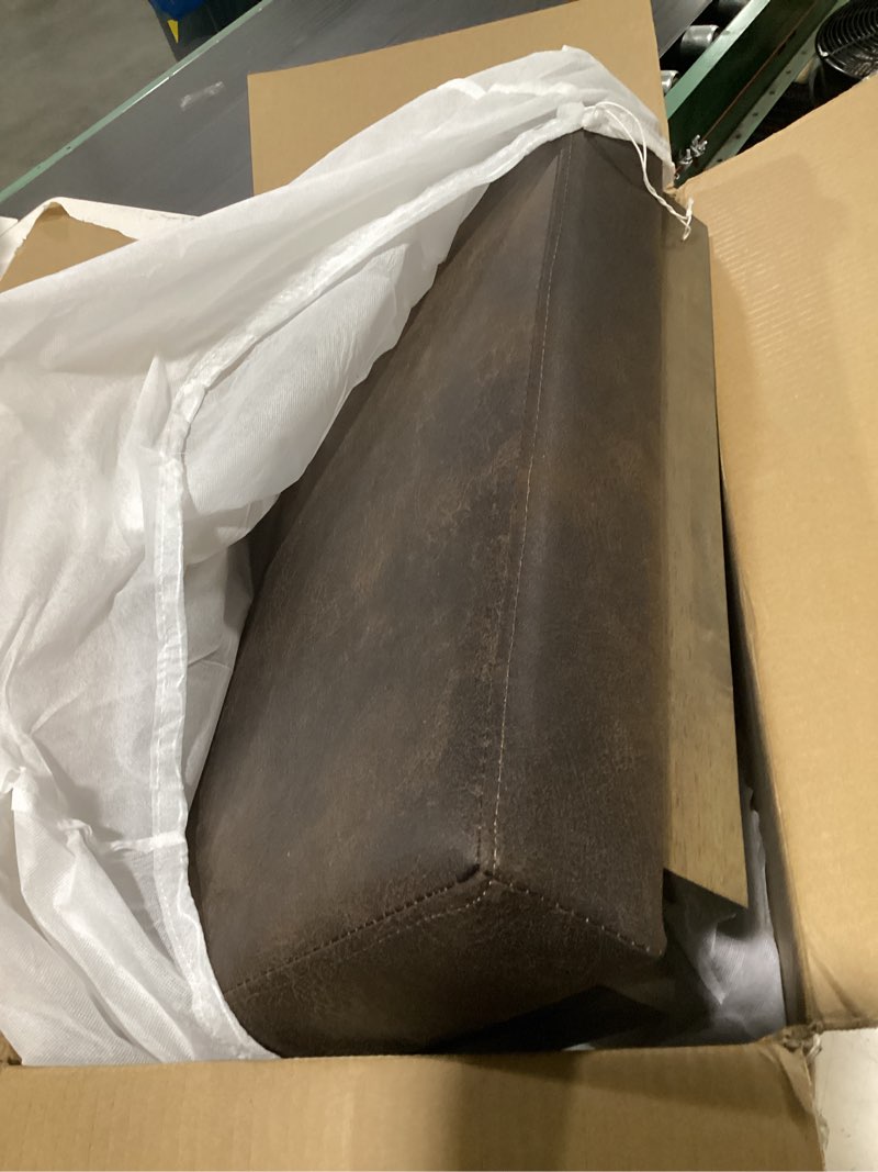 Condition photo showing New/Like New for simplihome milltown 27" wide vegan leather ottoman in distressed brown | contemporary ottoman with a cushioned seat for bedroom seating; rectangle footstool, footrest or bench. small ottoman bench distressed brown