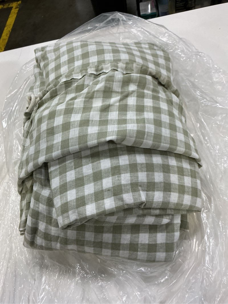 Condition photo showing As Is for quince european linen sheet set, queen, willowleaf gingham