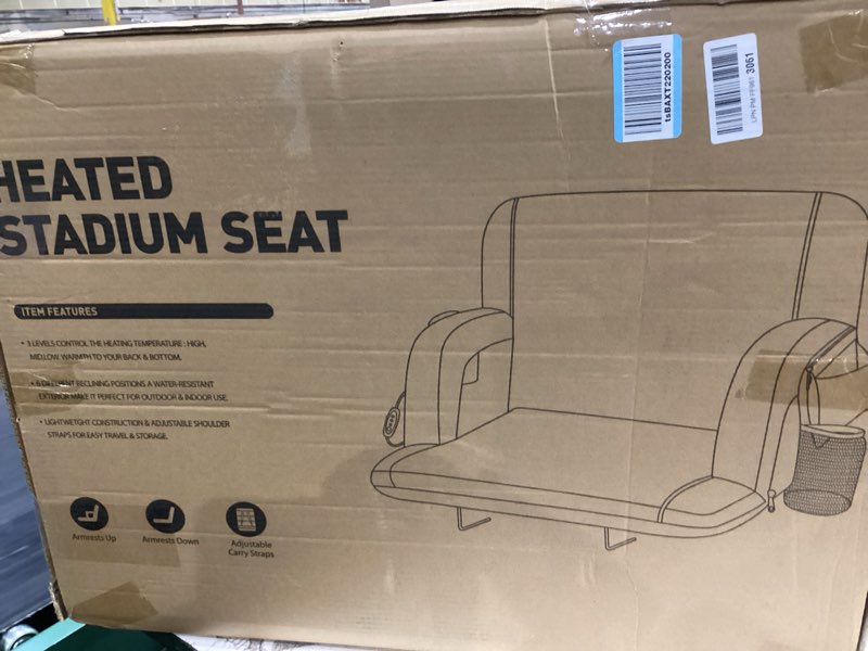 Condition photo showing Good Condition for HOPERAN Heated Stadium Seats for Bleachers with Back Support and Wide Cushion, Extra Portable Bleacher Seat Foldable Stadium Chair, USB 3 Levels of Heat, 5 Pockets for Outdoor Camping Games Sports 2pc Black 25"