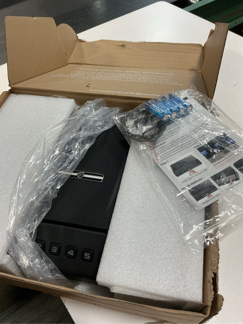 Condition photo showing Good Condition for large biometric gun safe fits 4 pistols, 100 sets of fingerprint handgun safe with internal light & silent mode, emergency power supply gun lock box for home bedroom bedside nightstand and car topmeda aa batteries with emergency charging