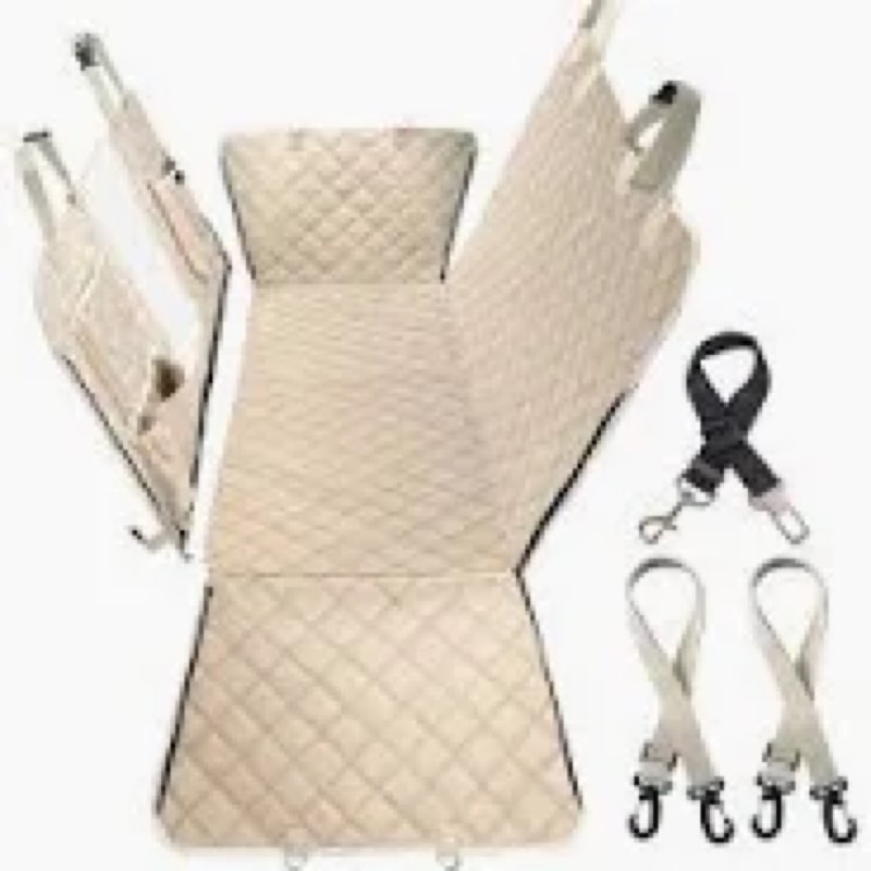 meadowlark xl premium hammock dog car seat cover back seat, pet cover car seat protector, non-slip, dog stuff, anti shock, water repellant, pet car seat cover for dogs w/seat belt & 2 headrest covers 64" l x 60" w with seat belt beige