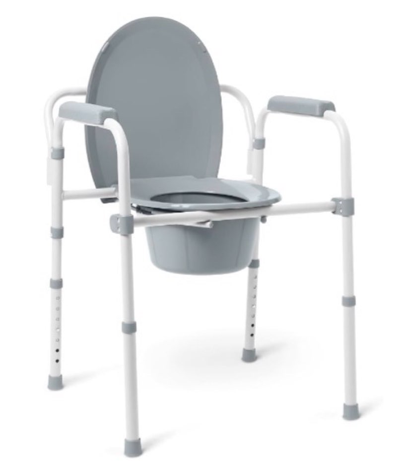 medline 3-in-1 elongated bedside commode, portable toilet, sturdy, 16" to 22" seat height, 16.5" seat, 7.5 qt. bucket, 350-lb. capacity, steel