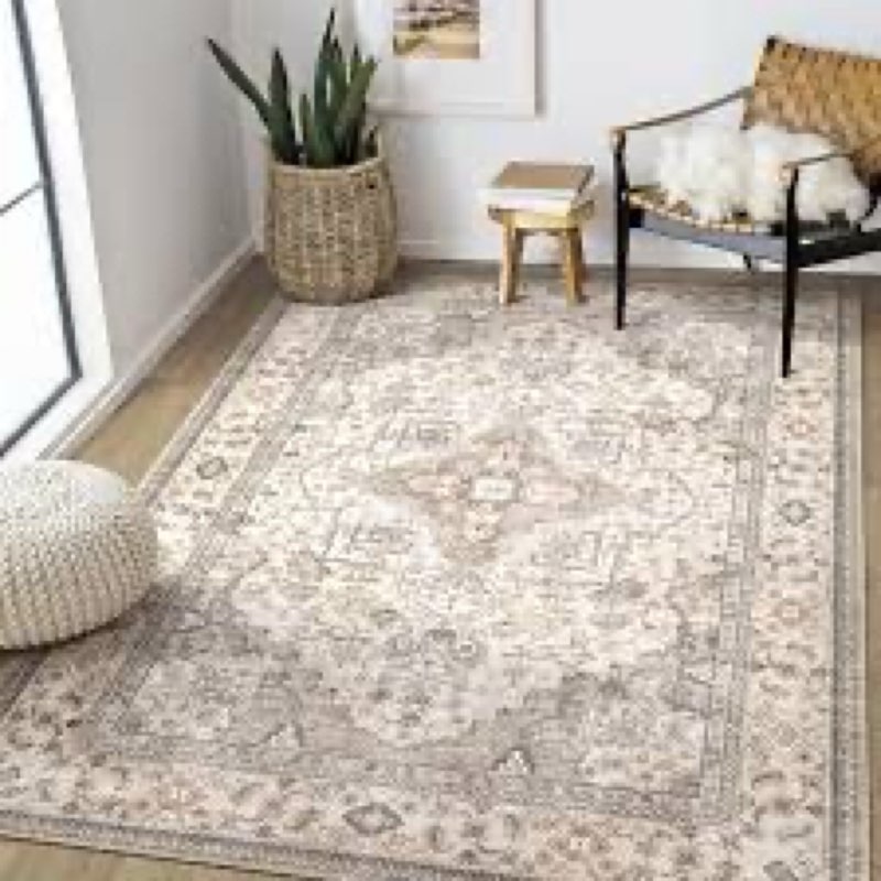 EIEIHOUSE Washable Area Rugs for Living Room - 9x12 Neutral Vintage Distressed Floral Farmhouse Boho