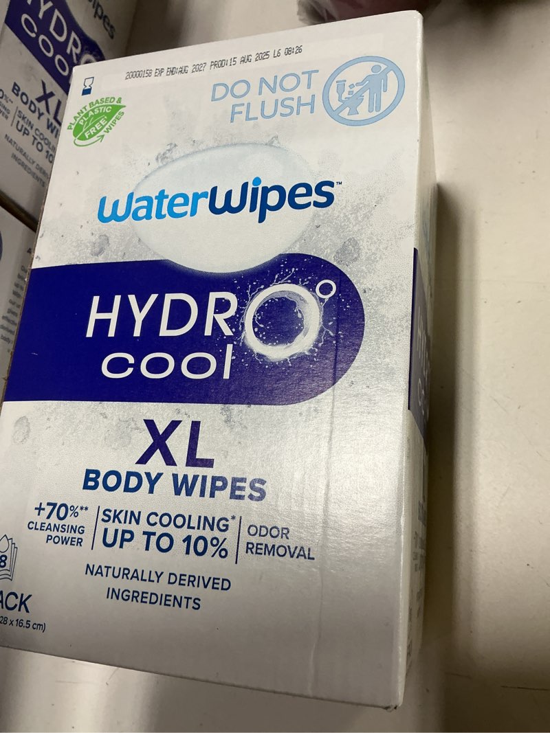 Condition photo showing New/Like New for (Exp: AUG/2027)WaterWipes HydroCool Cooling Wipes, XL Body Cleaning Wipe, Stay Fresh & Cool On-the-Go Instant Skin Cooling, Odor & Sweat Removal, Ideal for Gym, Travel & Outdoor Use, 108 Count (6 Pack)
