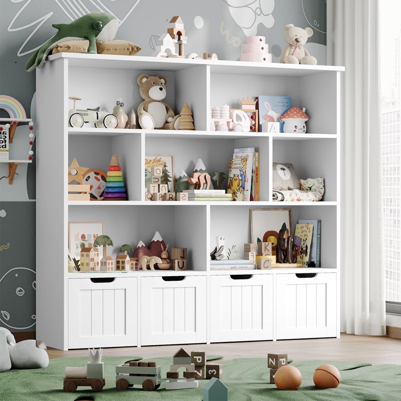 49.1" Kids Bookcase & Toy Organizer - 7-Cube Storage Shelf with 4 Drawers 