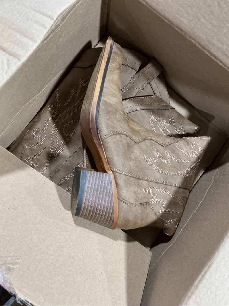 Condition photo showing Good Condition for iuv cowboy boots for women western cowgirl boots with chunky heel mid calf snip toe ideal for low insteps 7.5 brown