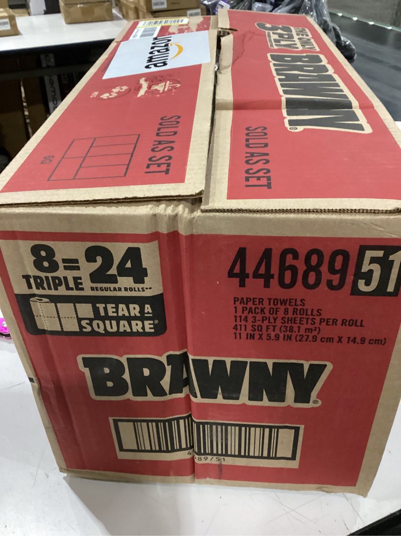 Condition photo showing New/Like New for brawny tear-a-square 3-ply paper towels, 8 triple rolls = 24 regular rolls, strong, absorbent, and durable with 3 sheet sizes (quarter, half, full) triple 8 triple rolls