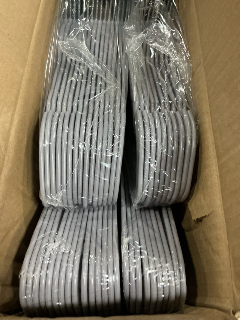 Condition photo showing New/Like New for TIMMY 50 Plastic Hangers 17.7 Inch Non-Slip, Space Saving Closet Organizers, Heavy Duty Slim Hangers for Pants, Shirts, Coats (Grey, Ultra Thin & Durable) Gray 50pack-grey