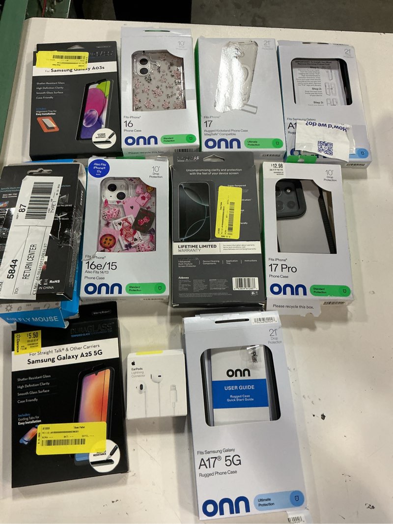 Condition photo showing As Is for assorted lot of electronics (may includes phone cases, small gadgets, headsets, etc.). please see pictures taken (bidfta image) to determine items that will be received