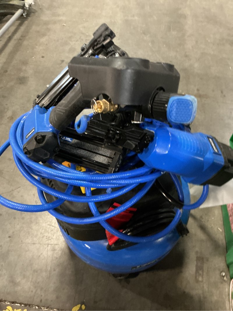 Condition photo showing As Is for kobalt 6-gallon portable electric 150 psi pancake air compressor with accessories