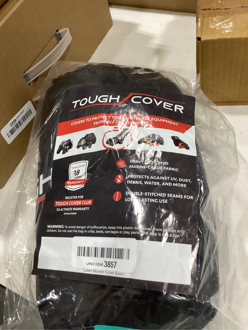 Condition photo showing Good Condition for tough cover lawn mower cover - basic edition, black, 210d marine-grade - universal fit for zero turn mower - storage bag included for lawn care accessories - waterproof shield for outdoor storage basic edition - black