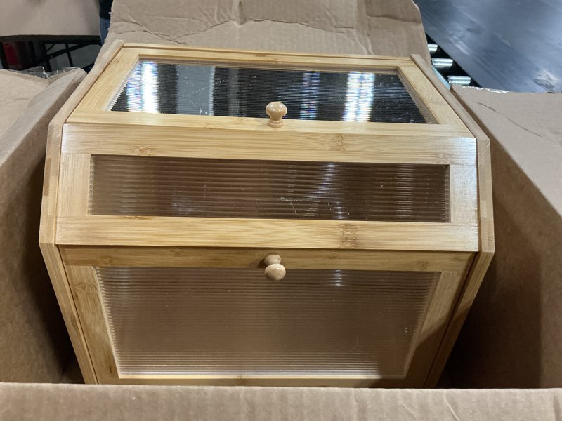 Condition photo showing As Is for hoobro bamboo bread box, kitchen countertop corner bread box, large capacity 2-tier bread container, bread storage container with dual rippled acrylic doors, for kitchen food storage, natural yl12mb01