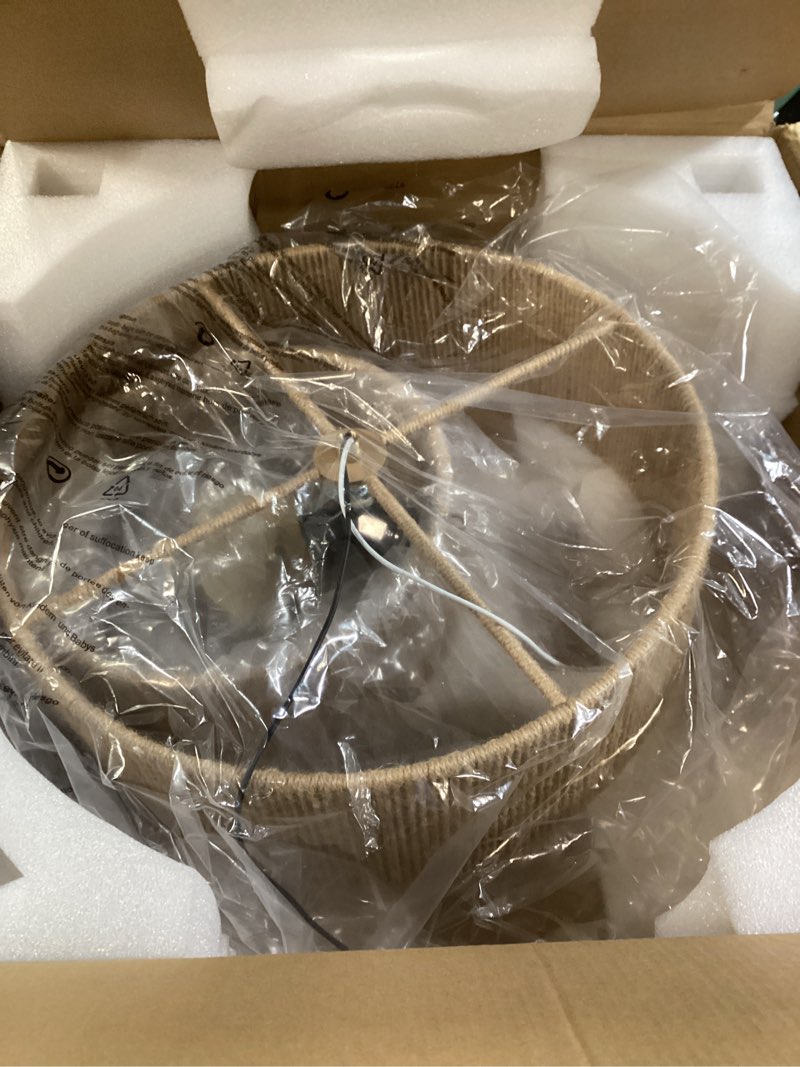 Condition photo showing Good Condition for Twine Caged Ceiling Fan with Fabric Shade 20" Drum Modern Coastal Natural Hand-Woven Chandelier Fan for Dining Room, Bedroom, Smart App/FCC Remote Control, Italian Design, Adjustable (Twine)