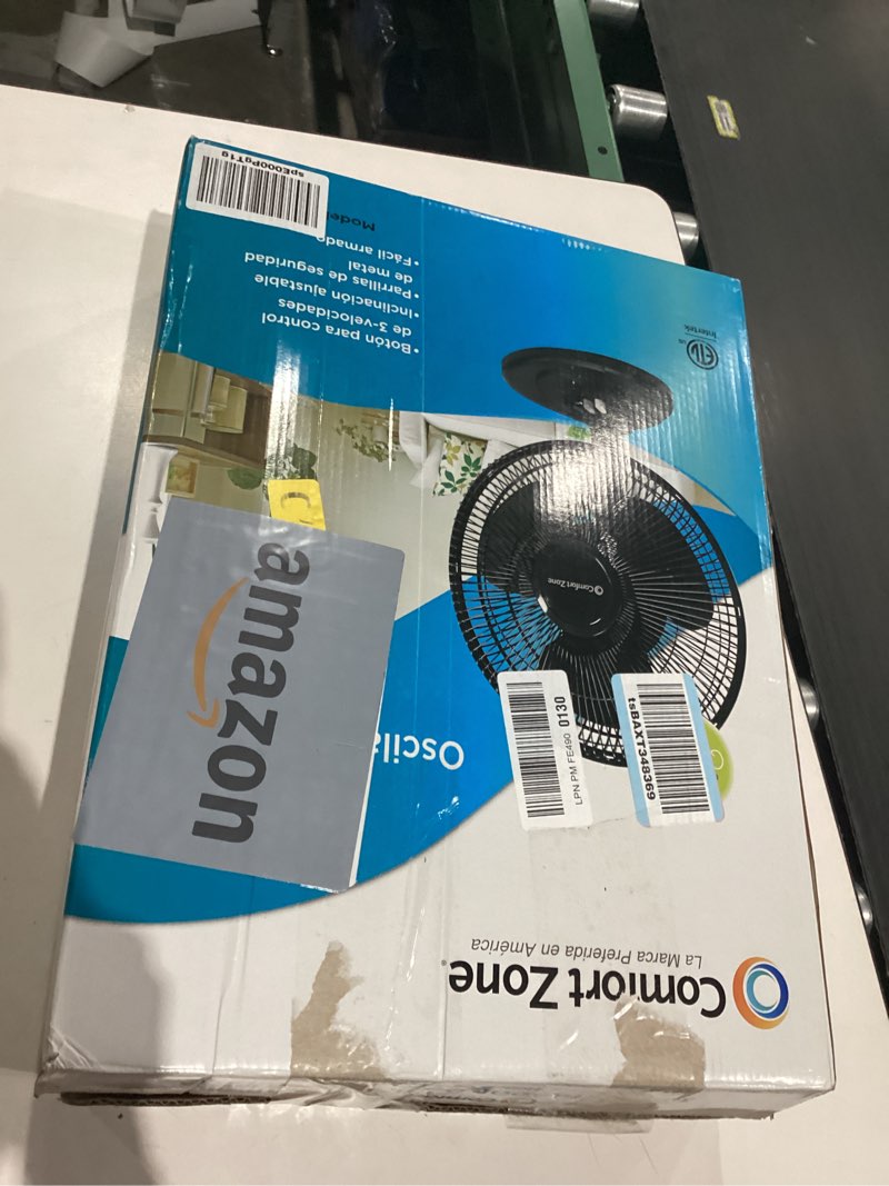 Condition photo showing As Is for Comfort Zone Oscillating Table Fan with Adjustable Tilt, Convenient Push Button Controls, Quiet, 12 inch, 3 Speed, Desk Fan, Airflow 7.25 ft/sec, Ideal for Home, Bedroom, Dorm & Office, CZ121BK Black