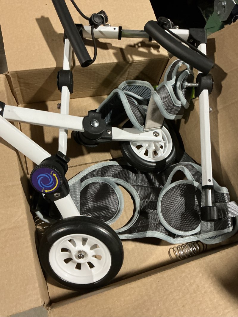 Condition photo showing As Is for dog wheelchair foldable walkin' wheels adjustable animal exercise wheels rehabilitation cart for back legs assist pets with paralyzed hind limbs to recover their mobility white