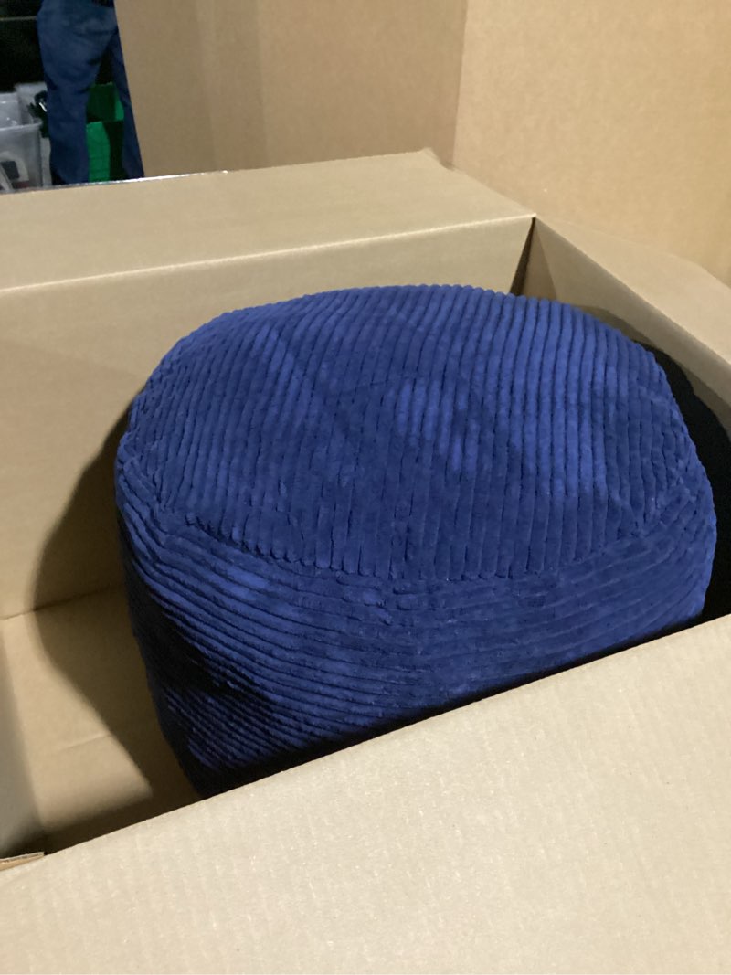 Condition photo showing As Is for HIGOGOGO Round Stuffed Pouf Ottoman, Corduroy Poufs with Foam Chunk Filling, Furry and Fluffy Pouf Foot Stool Storage Ottoman, 20 X 15 Floor Poufs Foot Rest for Living Room, Navy 20 inch Navy