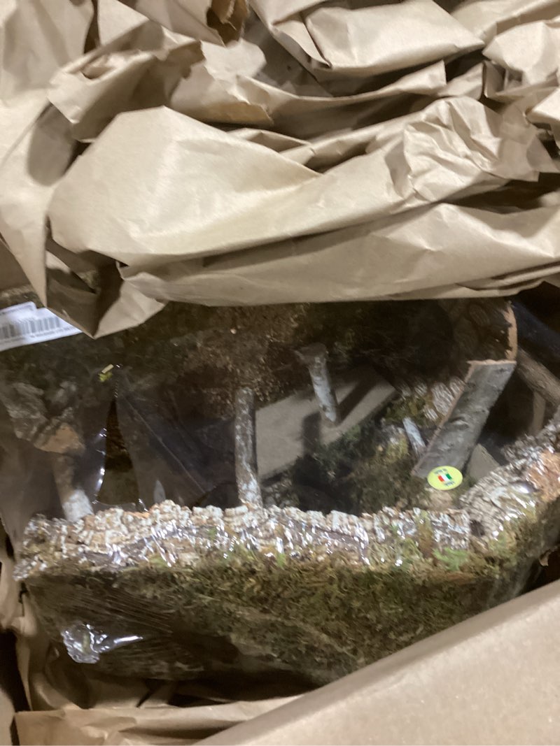 Condition photo showing Good Condition for VILLAGE GIFT IMPORTERS Nativity Creche Stable | 12" Tall and 19" Wide | 2 Styles | Realistic Moss Hay Wood and Fabric | Made in Italy (Haystack and Fireplace)