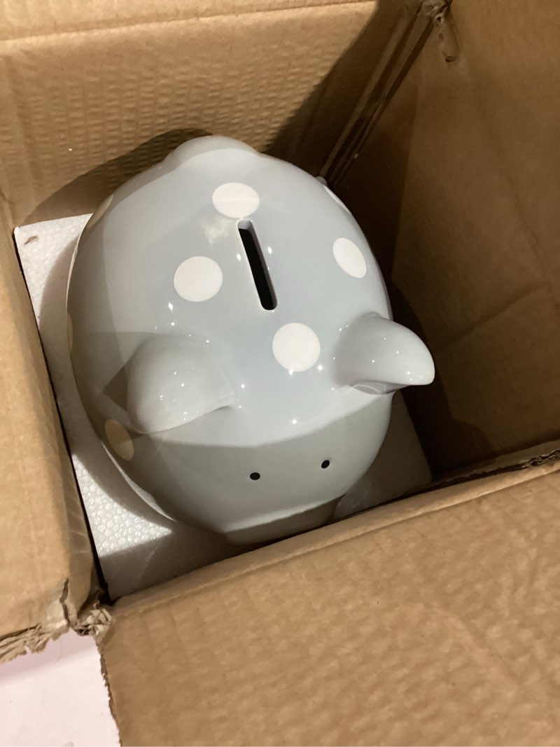 Condition photo showing Good Condition for Pearhead Large Ceramic Piggy Bank, Gray Polka Dot Coin Bank for Kids, Gender-Neutral Nursery Decor, Newborn Savings Keepsake