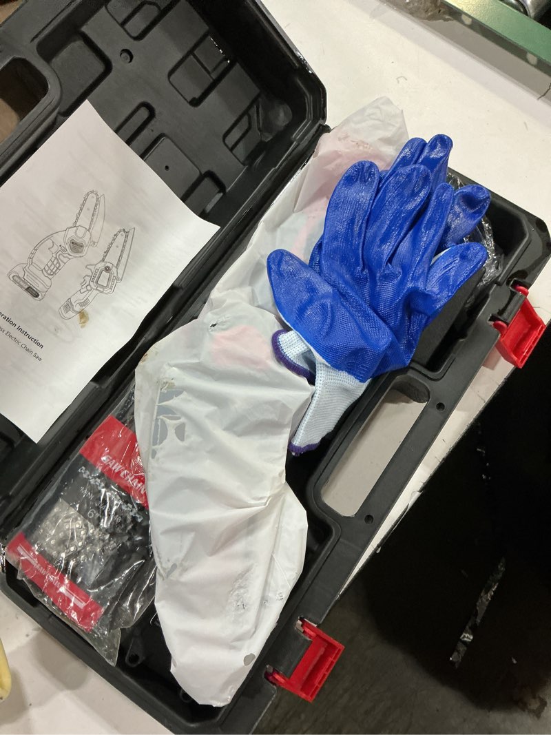 Condition photo showing New/Like New for Mini Chainsaw Cordless, Portable Handheld Small Chainsaw 6inch Mini Chain Saw Battery Powered, 2Pcs 24V 2000Mah Powerful Rechargeable Battery for Tree Wood Cutting Trimming Courtyard Garden Pruning Blue