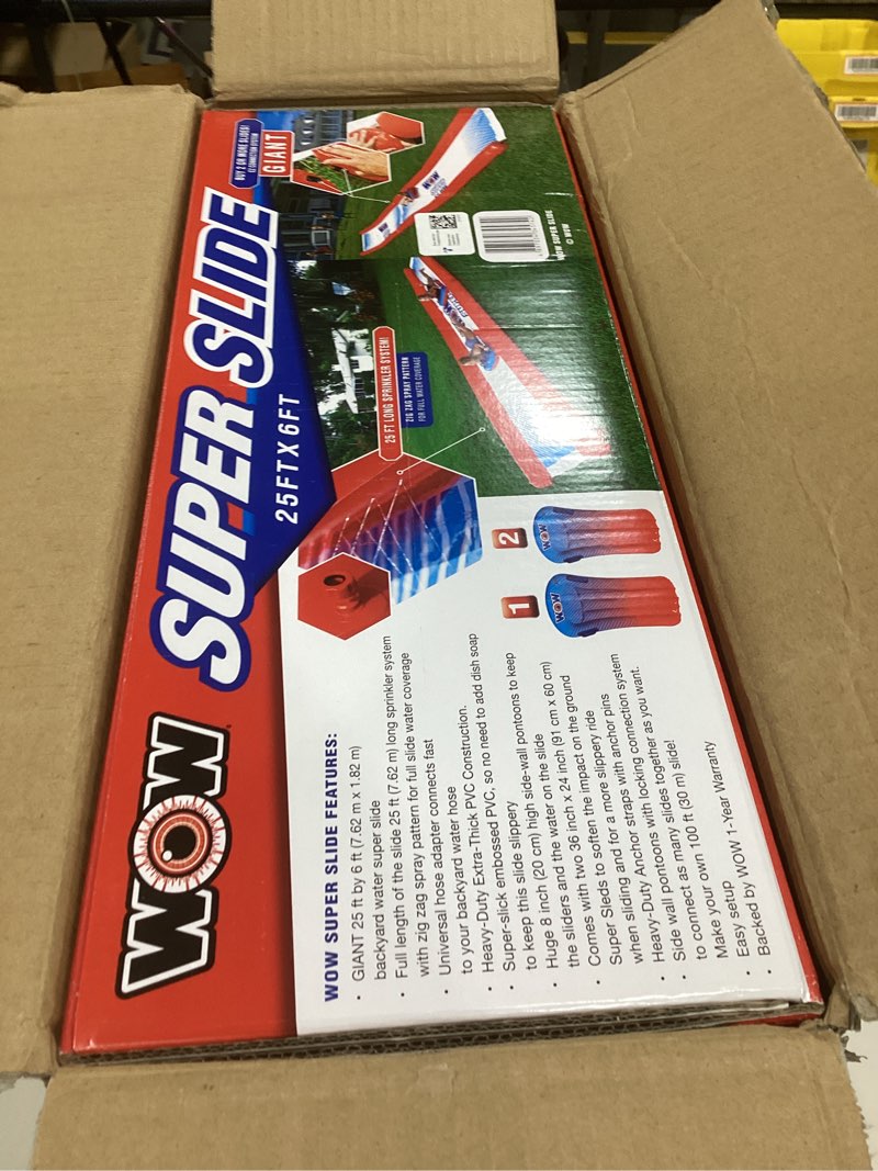 Condition photo showing New/Like New for wow sports super inflatable lawn water slide - 25 ft - zigzag sprinklers - includes 2 sleds - kids & adults