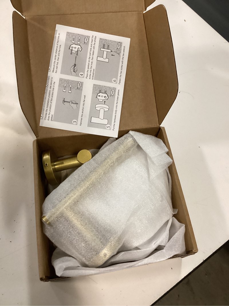 Condition photo showing Good Condition for lairuier brushed gold towel holder set include double bases toilet paper holder,towel ring and 2 towel hooks stainless steel wall mounted bathroom hardware accessories set brushed gold set b