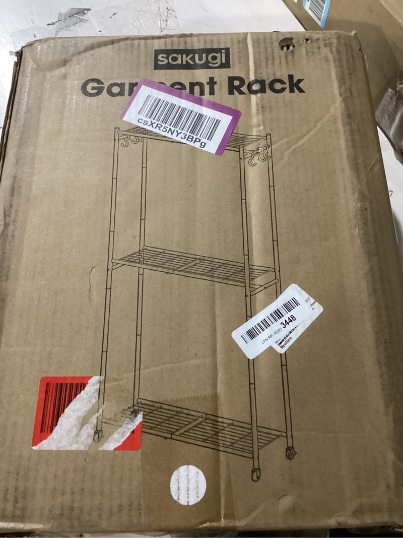 Condition photo showing New/Like New for sakugi clothes rack - 33.0" x 12.2" x 79.5" clothing rack with shelves & wheels, multi-functional wardrobe closet with hooks, sturdy metal garment rack for bedroom, laundry, balcony (white) white large