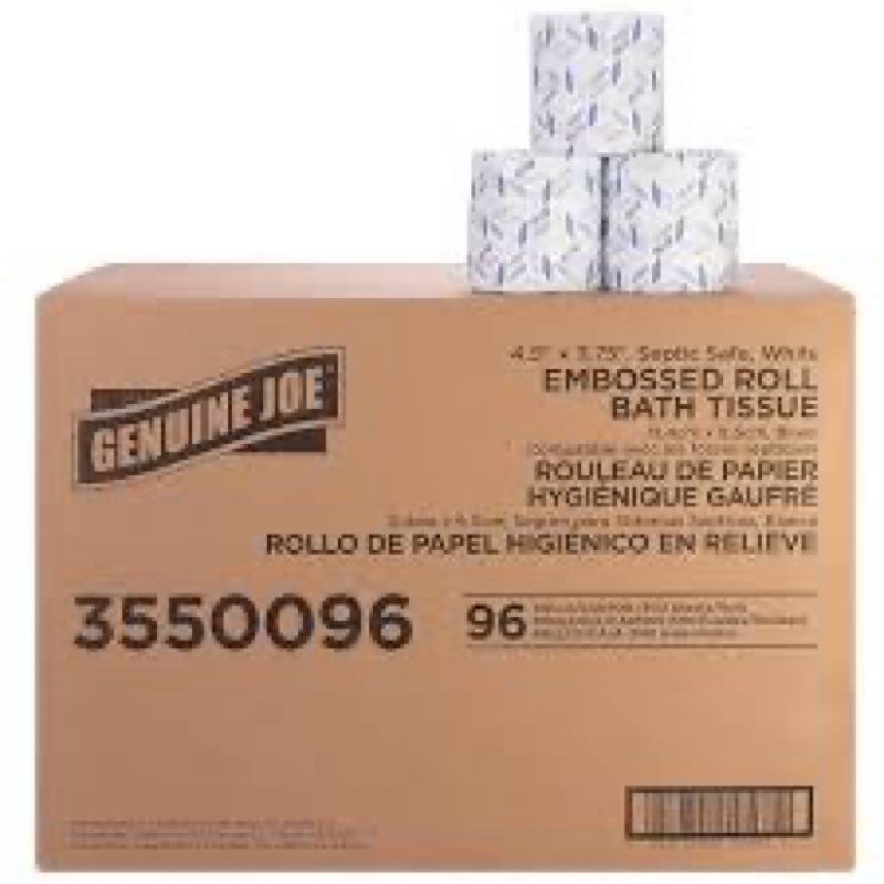 genuine joe embossed bath tissue, 2-ply, septic safe, individually wrapped, 4.5" x 3.75", 500 sheets/roll, 96 count 500 sheet (pack of 96)