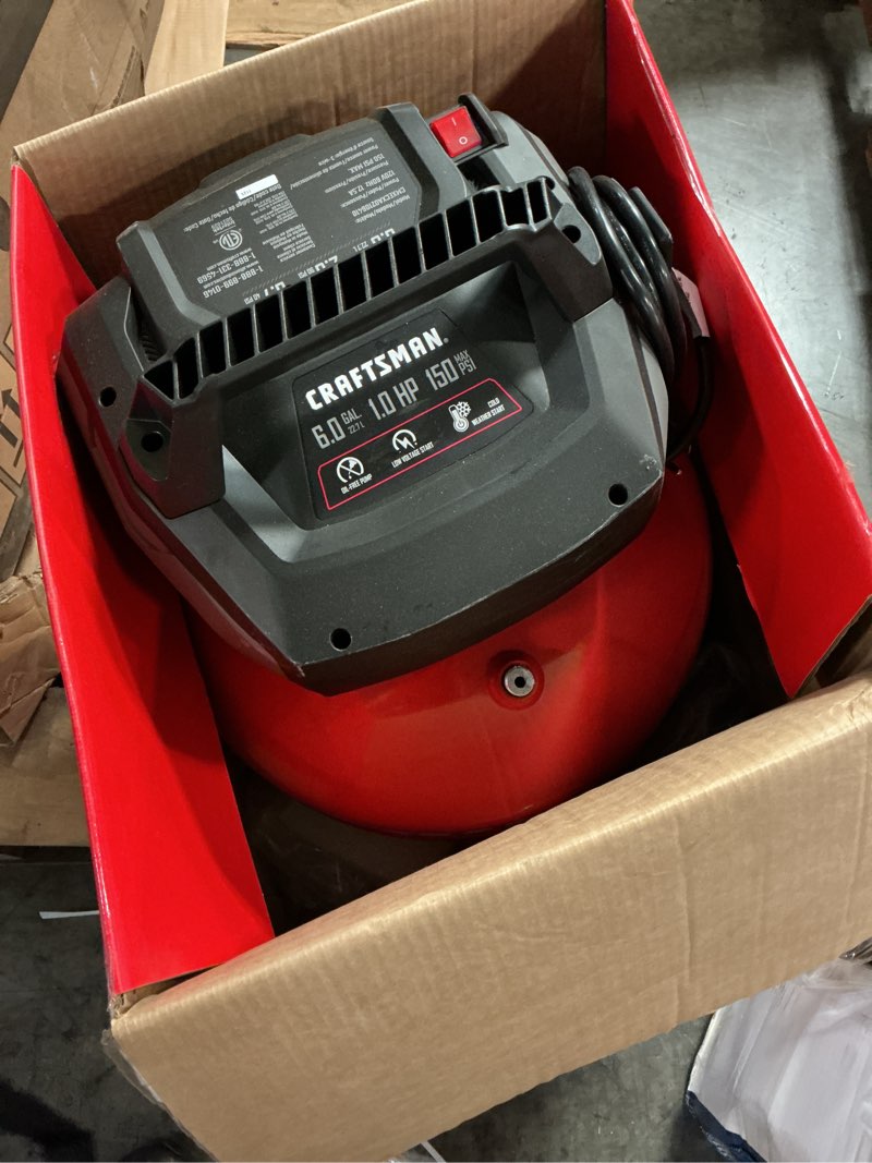 Condition photo showing As Is for craftsman 6-gallon portable electric 150 psi pancake air compressor