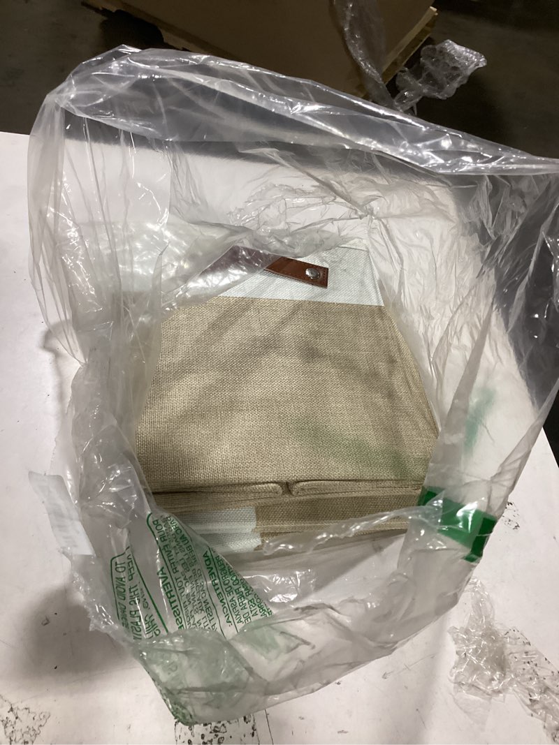 Condition photo showing Good Condition for Collapsible Fabric Storage Cube Bins with 2 Reinforced PU Handles, Foldable Storage Organizer Baskets for Closet, Shelves, Living Room | 11"x11"x11", 4 Pack, Beige & White Beige & White 10.5 x 10.5 x 11"