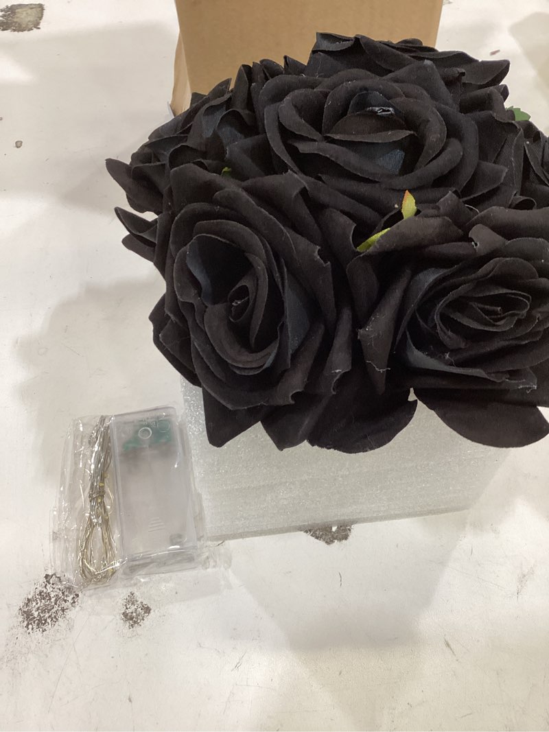 Condition photo showing Good Condition for fule artificial silk rose flower centerpiece arrangement in glass vase with led light for home wedding decoration (black)