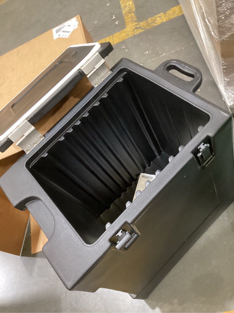 Condition photo showing As Is for carlisle foodservice products cateraide front loading insulated food pan carrier, for storage and transport of food, 5 pan capacity, 25.25" x 24.25" x 17", 1 count, black black 5 pan capacity