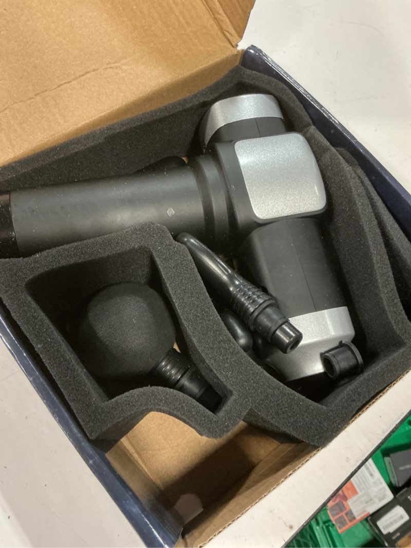 Condition photo showing As Is for deep tissue massage gun, portable percussion muscle massager with 30 speeds & 6 attachments, handheld electric back & neck massager for pain relief black