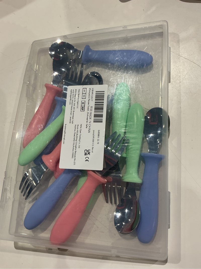 Condition photo showing Good Condition for incomplete 12 pieces toddler utensils, toddler forks and spoons, kids silverware set with plastic handle stainless steel silverware, dishwasher safe blue/green/pink 12