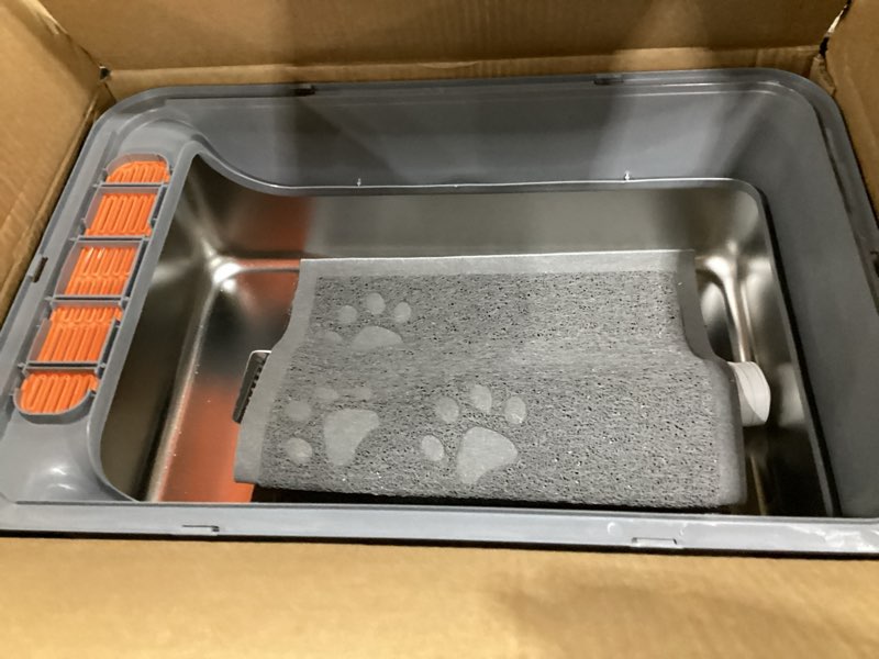 Condition photo showing As Is for stainless steel sifting litter box with lid, xxl extra large sifting cat litter box for pine pellets & big cats,metal pellet sifter litter pan system for odor control,sifting box liners & scoop xxl:23.6''×15.7''×12''