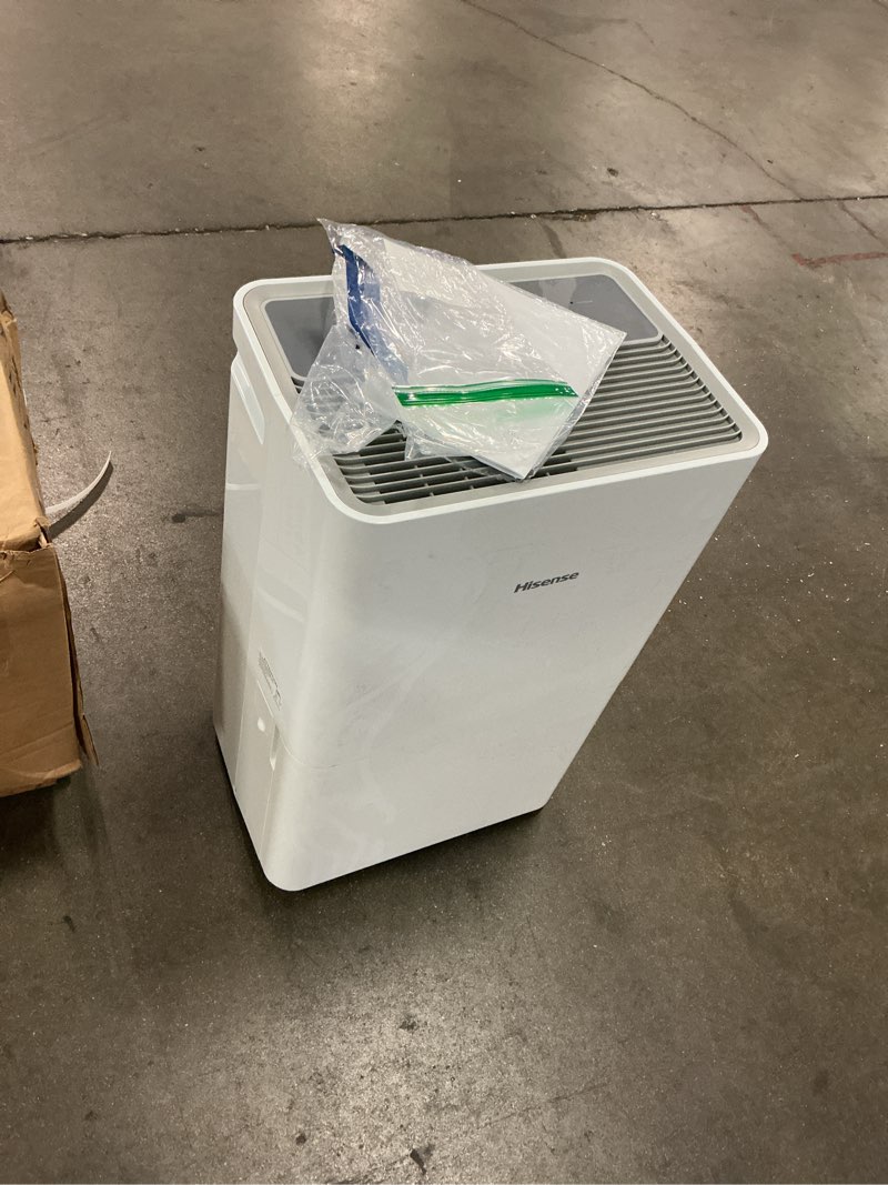 Condition photo showing As Is for restored hisense 50-pint capacity, 4500 sq. ft. coverage, 3-speed dehumidifier dh5024k1w (refurbished)