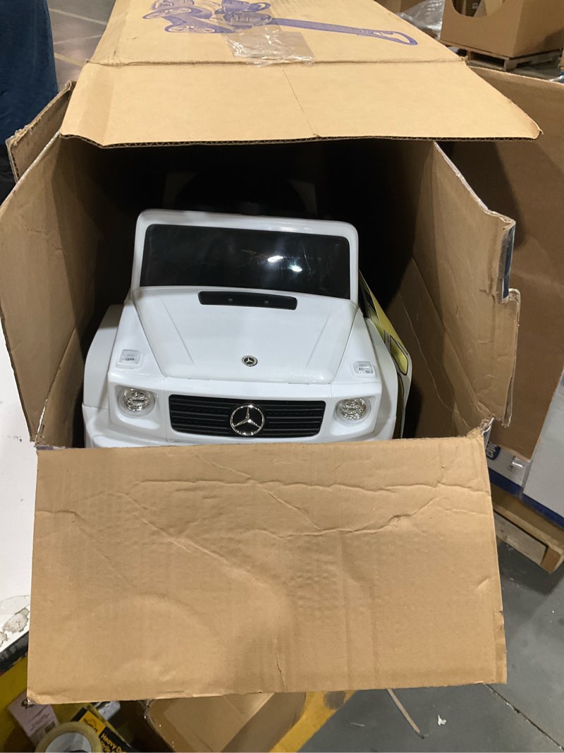 Condition photo showing As Is for best ride on cars kids outdoor stroller mercedes g-wagon for toddlers 1 to 3 years old with music, horn sounds, and handle, white