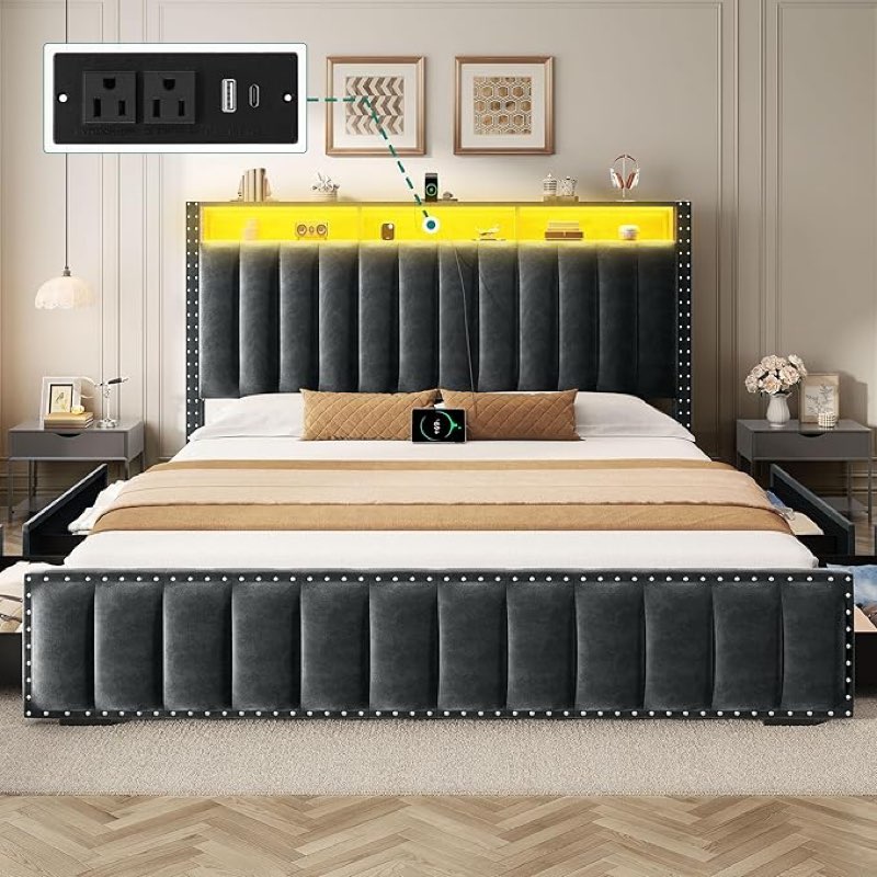 YITAHOME Queen Size Lift Up Bed Frame with Charging Station & RGB LED Lights, Linen Upholstered Stor